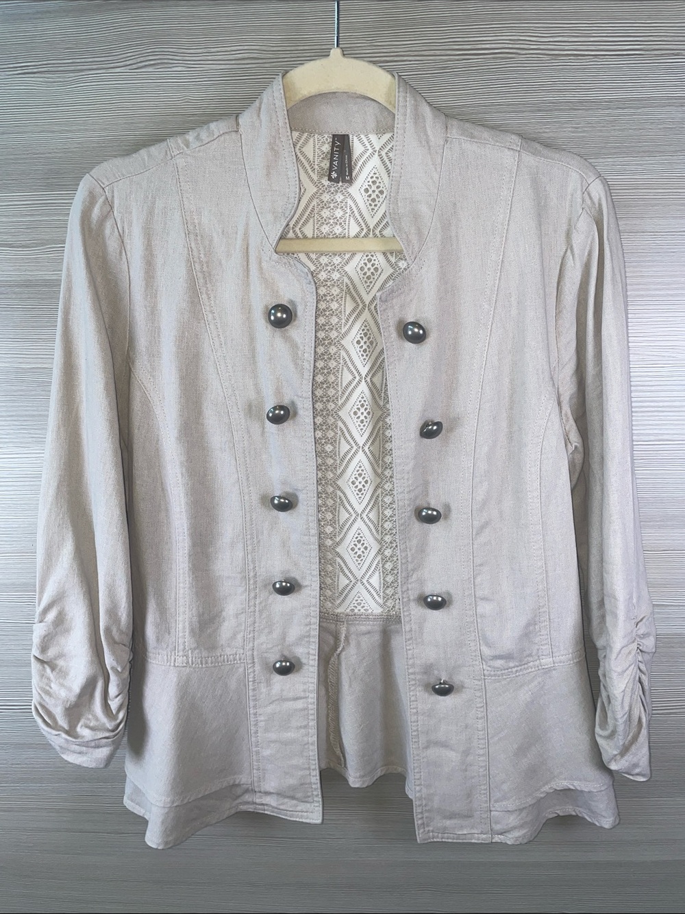Vanity Linen Blend Light Beige Double-Breasted Military Style Jacket Medium